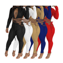Fashion Women's Long Sleeves Open Front Bandage Crop Top Outfits Club 2pcs