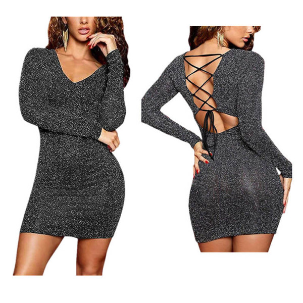 Solid Color V-neck Backless Bandage Mini Dress