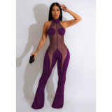 Solid Color Mesh Splicing Sexy See Through Halter Backless Wide-leg Jumpsuit