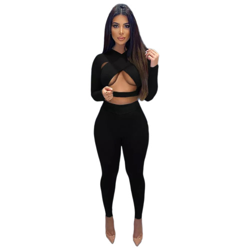 Sexy Cross Cutout Sports Two Piece Women Clothing Set with Hollow Out