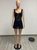 2022 Summer Black Two Piece Set Women Zip Mesh Sheer Top and Short Matching Sets