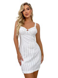 White Rote Stripe Ruffle-Accent Chemise - Women Frill Trim Slips