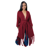 Tassel Trim Open Front Chunky Knit Longline Cardigan