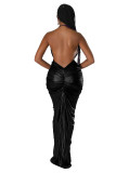 Solid Color Deep V Halter Stacked Maxi Dresses
