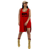 Summer Red Printed Loose Sleeveless Long Vest Top Shorts Set