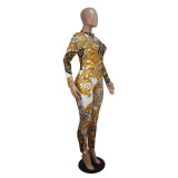 Sexy Flower Leopard Print Long Sleeve Jumpsuit