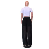 Black Casual Solid Pleated Mid Waist Wide Leg Pants