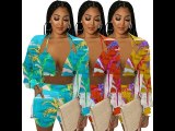 Women Three Piece Set Printed Bra Shorts with Long Sleeve Cardigan