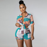 Fashion Casual Paisley Bandage Shirt Two Piece Summer Set