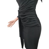 Plain Bandage Ruched Slant Neck Midi Dress