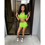 Casual Solid Color Piled Sleeves Crop Shirt Shorts Set