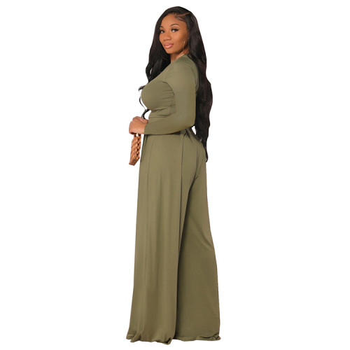Solid Color Long Sleeve Blouse and Wide-leg pants For Autumn