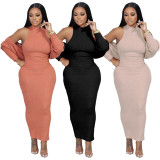 Solid Color Outer Wear Sleeveless Long Dress with Short Shawl