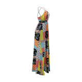 Sexy Printed V Neck Backless Cross Strap Maxi Swing Dress