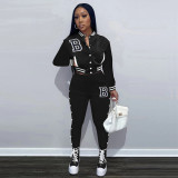 Women Workout 2 Piece Outfits Button Down Color Block Patchwork Jackets Bodycon Long Pants Tracksuit