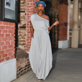 Grey Casual Solid Split Joint Fold Asymmetrical Cross-Shoulder Short Sleeve Two Pieces