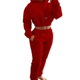 Red Velvet Thicken Sports Hoodie Jogging Pants Two Piece Winter Set For Women