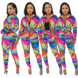 Casual Printed Turndown Neck Long Sleeve Shirt Trousers Homewear Casual Set