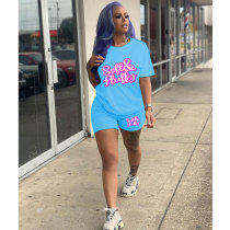 Casual Solid Color Graphic Print Short Sleeve Shorts 2 Piece Set