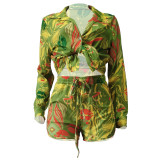 Women Printed Long Sleeve Cardigan Shirt Shorts Casual Set