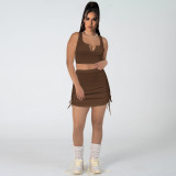 High Elastic Cotton Pit V Neck Low-cut Drawstring Skirt Set
