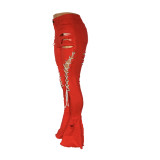 Red Vintage Mid Waist Shredded Eyelet Bandage Denim Flared Pants