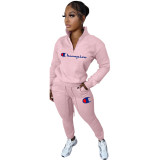 Autumn Winter Zipper High Neck Printed Sweatshirt Casual 2 Piece Pant Set