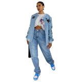 Autumn Women Light Blue Printed Baseball Crop Jacket