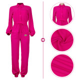 Classic Solid Offset Printed Long Sleeve Cargo Jumpsuit