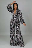Sexy Club Wear Girls Clothing Casual Long Sleeve High Waist V Neck Printed Jumpsuits