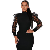 Mesh Sleeve Pit Mock Neck Midi Dress