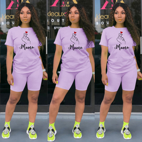 Mother's Day Heart Print Sports Shorts Set Two Piece - Purple