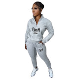 Casual Fleece Printed Letters Zipper Pullover High Neck Pant Set 2 Pieces