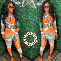Casual Printed Turndown Neck Long Sleeve Shirt Trousers Homewear Casual Set