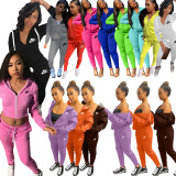 Casual Embroidery Letter Cardigan Pant Set with Hat