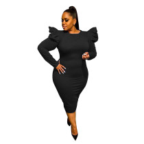 Sexy Black Zipper Puff Sleeve Plus Size Women Mid Dresses