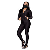 Black Jacquard Pineapple Stand-up Collar Zipper Two Piece Women Clothing Sets without Mask