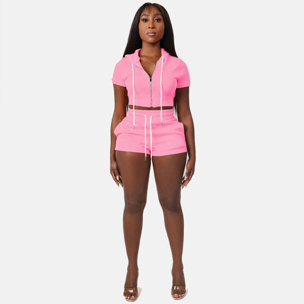 Solid Pink Zipper Cardigan Hooded Cropped Two-Piece Short Summer Set