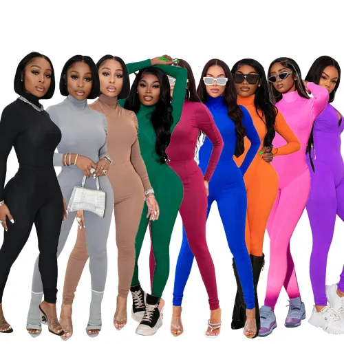 Solid Turtleneck Long Sleeve Bodycon Bodysuit Sports Elasticity Two Piece Pant Set