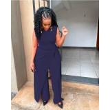 Casual Solid Patchwork O Neck Regular Jumpsuits with Single Shoulder Outwear