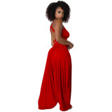 Red Casual Knitted Straps Backless Top & Pleated Harem Pants