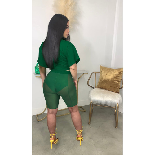 Summer Solid Mesh Shorts Set for Women Green