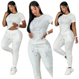 Fashion Hotfix Rhinestone Short Sleeve Two Piece Set