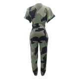 Plus Size Pierced Camouflage Print Two Piece Sets