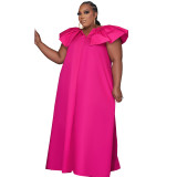 Solid Color Plus Size Woven Ruffled Sleeve V-neck Stitching Party Dress