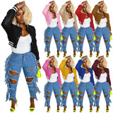 Thread Elasticity Faux Leather Baseball Jacket