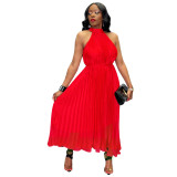 Summer Red Chiffon Double Tie Sleeveless Long Pleated Dress