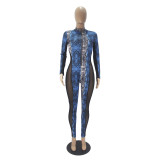 Casual Snake Print Mesh Stitching Jumpsuit