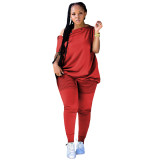 2022 Summer Loose Red Slanted shoulder Breasted Shirring Two Pieces Sets