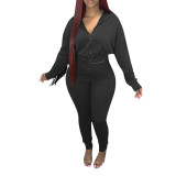 Solid Color Zipper Hooded Track Pants Set with Fringed